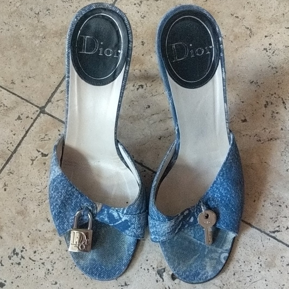 DIOR denim lock & key slip on heels